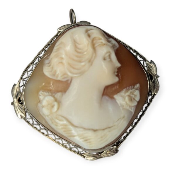 Antique 14k White Gold Large Cameo Filigree Pendant Brooch/Pin 1 1/2" x 1 1/2" - Picture 7 of 14